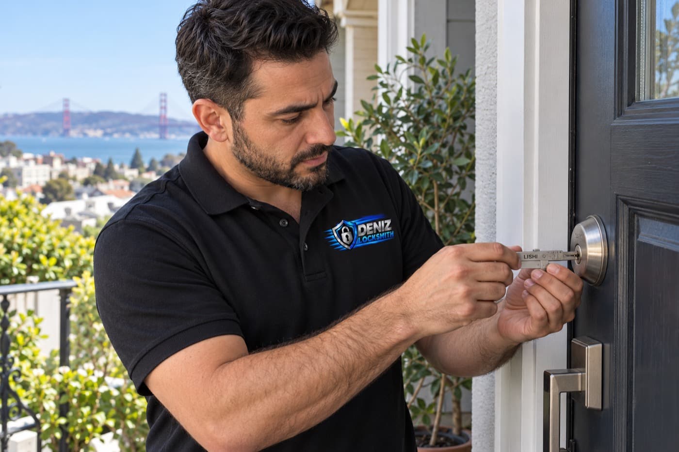 DENIZ LOCKSMITH technician installing a commercial door lock