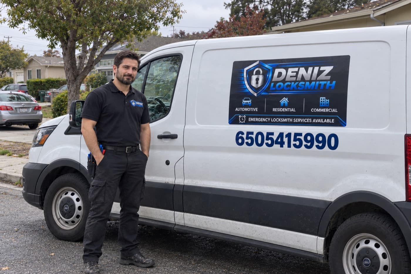 DENIZ LOCKSMITH technician next to the mobile service van