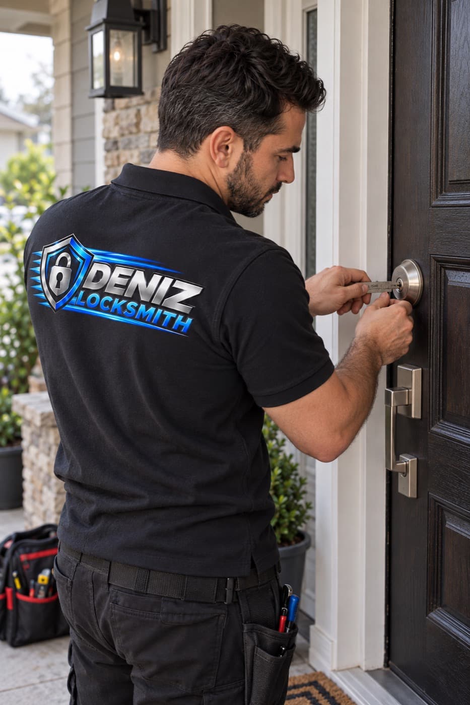 DENIZ LOCKSMITH technician opening a front door lock