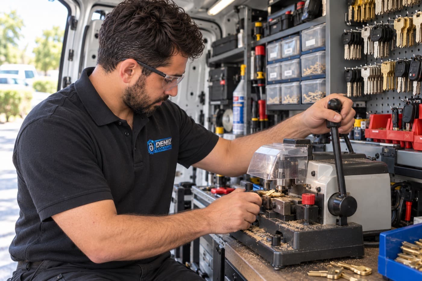 DENIZ LOCKSMITH technician cutting a key in the service van